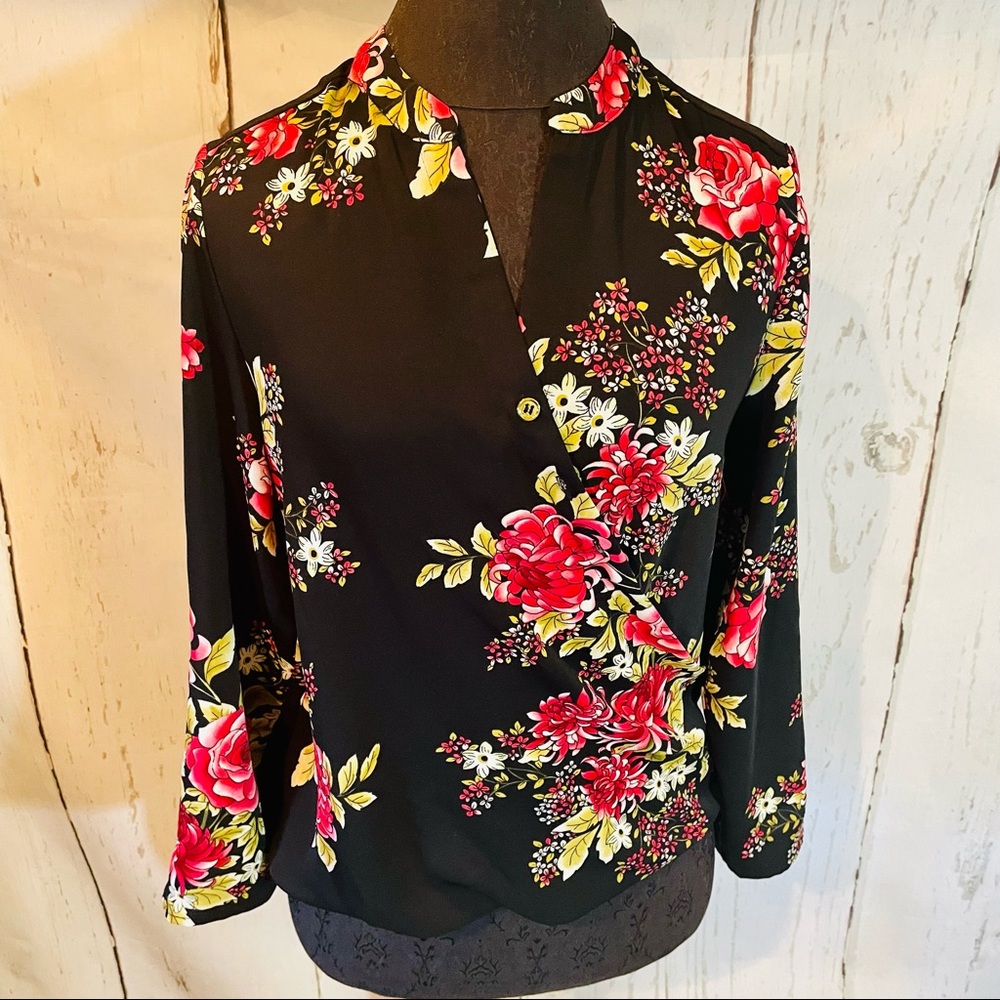 Iman red green and black floral wrap top